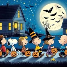 peanuts and their friends are dressed up for halloween in front of a house at night