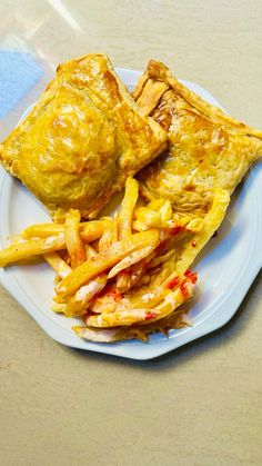 an omelet and french fries are on a plate