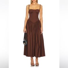 Tularosa Emma Midi Dress In Chocolate Brown. Size Xs. Worn Once (As Shown In Photo, Desperately Needed A Steam - I Also Have No Boobs, Unfortunately.) Incredibly Flattering. Refer To Measurements On Website For Sizing. Brown Dress Revolve. Purchased From Revolve. Fitted Brown Maxi Dress For Brunch, Embroidered Top Designs, Basque Waist, Corset Midi Dress, Chocolate Brown Color, Corset Bodice, Skirt Midi, Romantic Dress, Metallic Dress