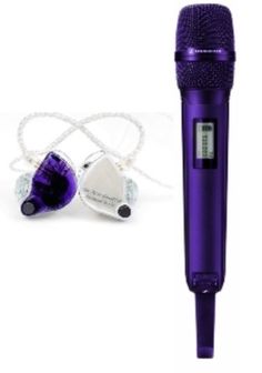 a purple microphone and headphones on a white background