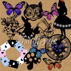 an image of a cat surrounded by butterflies and other things that are in the background