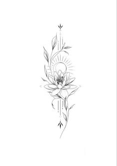 a black and white drawing of a flower with leaves on it's side, next to an arrow