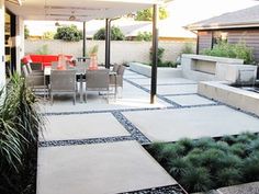 an outdoor dining area with chairs and tables