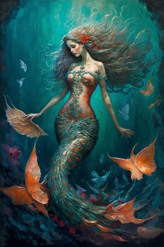 a painting of a mermaid with long hair and orange fish swimming in the ocean water