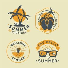 four badges with palm trees, sunglasses and the words summer paradise written in different languages