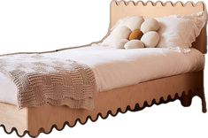 a wooden bed with white sheets and pillows on it's headboard, against a white background