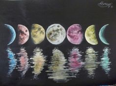 a chalkboard drawing of the phases of the moon in different colors, with reflection on water