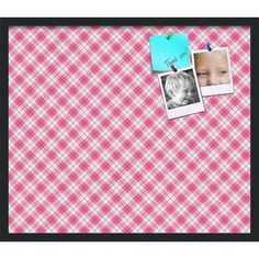 a pink and white checkered background with three photos