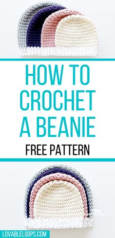 four crochet dishcloths with text overlay that reads how to crochet a beanie free pattern