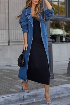 Moda Denim, Women's Windbreaker, Denim Trench Coat, Blue Trench Coat, Denim Patterns, Long Jeans, Style Upgrade, Loose Outfit, Turndown Collar