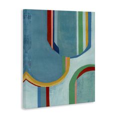 an abstract painting in blue, green, yellow and red with stripes on the bottom