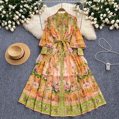 Floral Long-Sleeve Chiffon Dress with Tie Waist Vintage Elegant Dress, Vintage Elegant, Elegant Dress, Summer Dress, Pre Order, Transportation