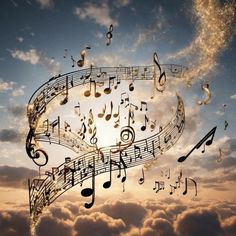 an image of musical notes floating in the air with clouds and sun shining behind them