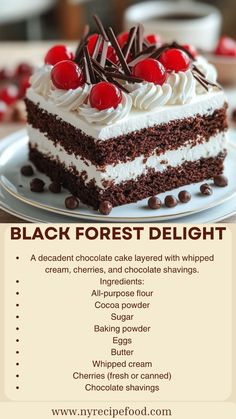 an advertisement for a chocolate forest delight cake with whipped cream, cherries and chocolate shavings