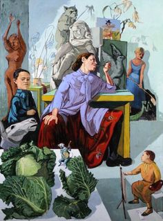 a painting of people sitting at a table with vegetables