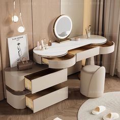 a dressing table with drawers and stools in a room next to a mirror on the wall