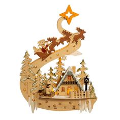 a wooden christmas scene with santa and his sleigh