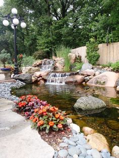 a pond with rocks and flowers in the water next to a street light on a sidewalk