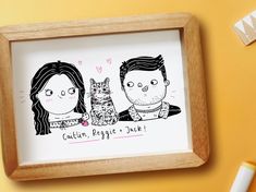 a drawing of two people with a cat in front of them on a yellow background