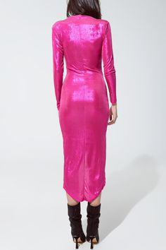 Length: Midi length. Subcategory: Dress. Collar: V-neck neckline. Sleeves: Long Sleeves. Fit: Bodycon fit. Style: Party. Detail: Metallic Finish. Fabric: Metallic. Product details: Shoulder pads. runs small. S. 95% Polyamide 5% Elastane Glamorous Festive Midi Dress, Pink Midi Dress For Gala And Prom Season, Pink Midi Dress For Gala During Prom Season, Pink Dress For Gala Party Season, Pink Dress For Gala And Party Season, Pink Dress For Gala During Party Season, Fitted Pink Midi Dress For Gala, Pink V-neck Evening Dress For Party, Pink Maxi Dress For Club