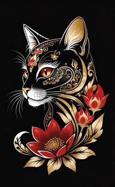 a black and gold cat with red flowers on it's chest, in front of a black background