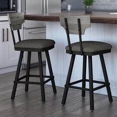 two stools sit in front of a kitchen counter with an oven and microwave behind them