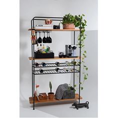 three tiered shelving unit with plants and wine bottles