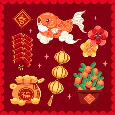 chinese new year's card with goldfish, lanterns and flowers on red background