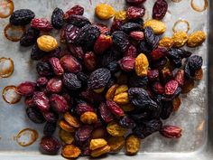 raisins and dried fruits on a baking sheet