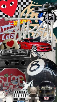 a collage of various items including a helmet, car and street signs