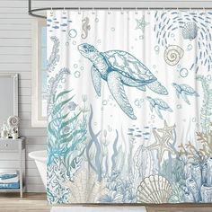 a shower curtain with an image of a sea turtle and corals in the water