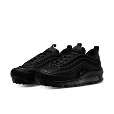 Nike Womens WMNS Air Max 97 'Triple Black' Black/Black-Black 921733-001 All Black Nike Shoes Women, Black Nike Sneakers Women, All Black Nike Shoes Trendy, Nike Black Women Shoes, Nike Shoes Women Black, All Black Sneakers Women Nike, All Black Tennis Shoes, Black Air Max 97 Outfit Women, Shoes Inspo 2024