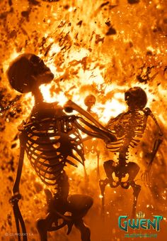 two skeletons dancing in front of a fire with caption that reads, scorch destroy all the highest units