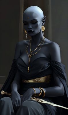 an image of a woman with black skin and gold jewelry sitting on a chair in front of a window