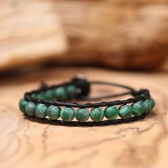 Bracelet made of real leather and green natural stone beads. Due to the finish, this bracelet is adjustable in size. Beaded Leather Bracelet, Natural Stone Beads, Handmade Bracelet, Handmade Bracelets, Stone Beads, Bracelet Making, Wedding Shop, The Netherlands, Real Leather