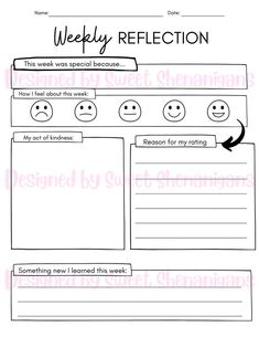 the weekly reflection worksheet is shown in black and white, with an arrow pointing to