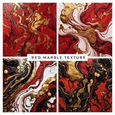 red marble texture background with gold and black swirls on the bottom, in three different angles