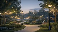 a street with lights and benches on both sides, surrounded by greenery at night