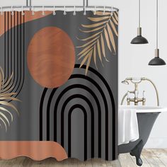 a shower curtain with an abstract design and palm leaves in the background, on a wooden floor next to a bathtub