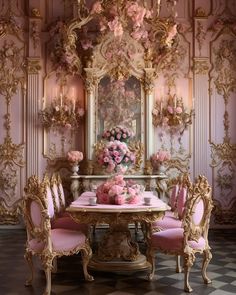 an ornate dining room with pink chairs and flowers on the table in front of a mirror