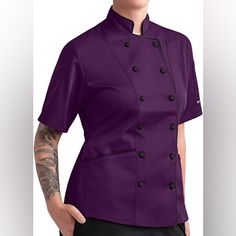 Women’s Tailored Button Down Chef Coat With Piping. Color Is A Gorgeous Eggplant Purple. Chef Coat Has A Stand-Up Mandarin Style Collar And An Adjustable Back Tie Belt. Both Features Add A Nice Touch Of Professionalism To The Coat. Most Importantly The Chef Coat Has 2 Side Pockets!! Best Part Of The Chef Coat In My Opinion. Super Easy To Clean! Just Machine Wash And Tumble Dry. Can Iron If Needed. Material Is A Blend Of 65% Polyester And 35% Cotton. Coat Feels Comfy And Is Too Heavy. Comfortable Jackets Design, Chef Uniforms, Draped Coat, Chef Jackets, Chef Clothes, Chef Uniform, Female Chef