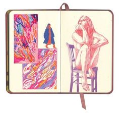 an open book with drawings on it and a drawing of a woman sitting in a chair