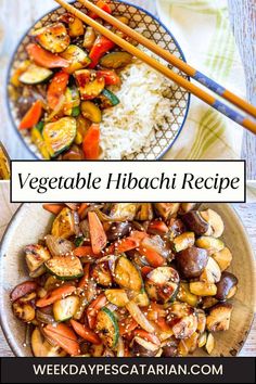 vegetable hibachi recipe with chopsticks and rice in a bowl on the side