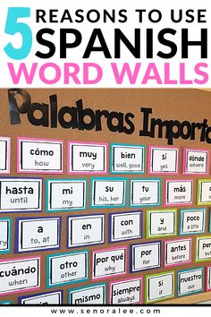 Spanish Word Wall Bulletin Board with High Frequency Words Spanish Word Wall Classroom, Spanish Sound Wall, Elementary Spanish Classroom Decor, Spanish Classroom Door Ideas, Spanish Sight Words, Bilingual Classroom Decor, Classroom Commands