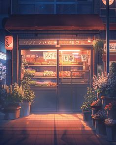 a store front at night with plants and flowers in the window, lit by street lights