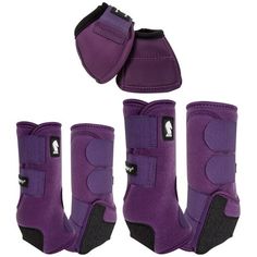 the boots are purple and have black straps on them, with one shoe attached to each boot