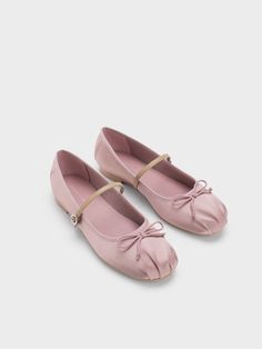 Pink Satin Bow Mary Jane Flats Spring Formal Ballet Flats With Rubber Sole, Classic Evening Ballet Flats For Spring, Fitted Ballet Flats With Bow And Round Toe, Classic Pink Ballet Flats With Round Toe, Feminine Ballet Flats For Evening, Classic Pink Round Toe Ballet Flats, Spring Balletcore Ballet Flats With Round Toe, Elegant Slip-on Mary Janes For Spring, Formal Ballet Flats