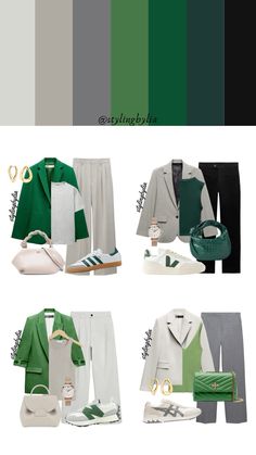 Gray And Green Outfit, Green Color Combinations Outfit, Blazer Sneakers Outfit, Grey Color Combinations Outfits, Green Outfit Inspo Aesthetic, Green And Grey Outfit, Color Palette Outfit, Green Blazer Outfit, Green Ootd