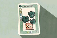 a card with a potted plant on it's side and the words monstera above it