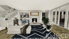 a living room with white furniture and blue rugs on the floor in front of stairs